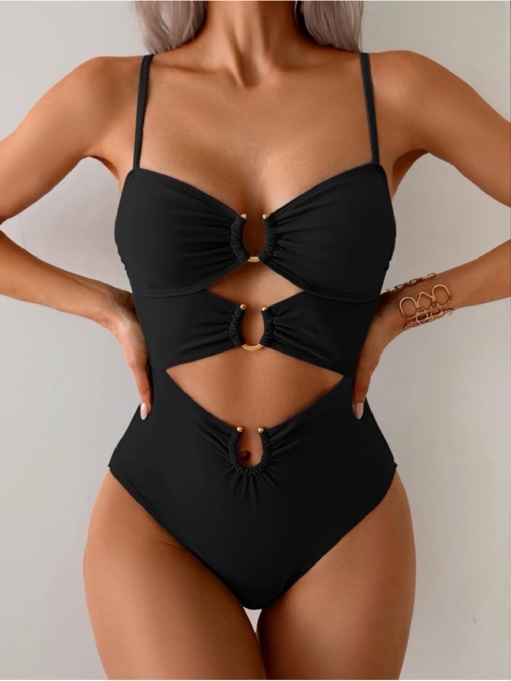 Black Cutout One-Piece Swimsuit with Ring Details
